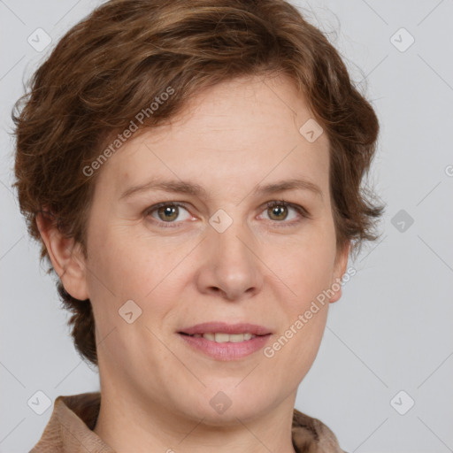 Joyful white young-adult female with medium  brown hair and green eyes