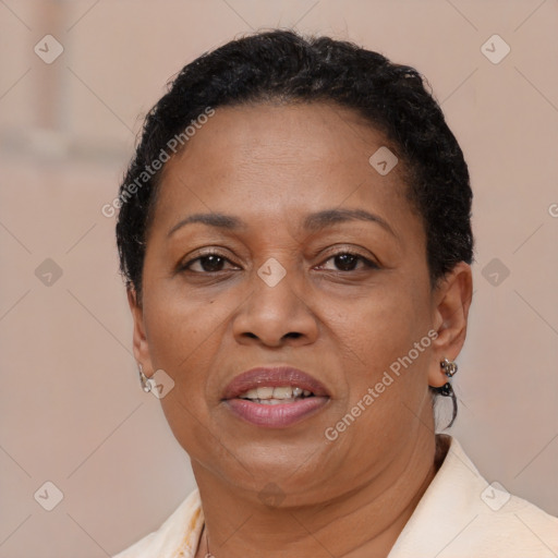 Joyful black adult female with short  brown hair and brown eyes