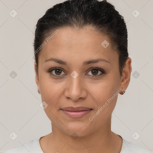 Joyful white young-adult female with short  brown hair and brown eyes