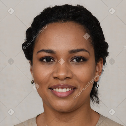 Joyful latino young-adult female with short  black hair and brown eyes