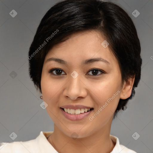 Joyful white young-adult female with medium  brown hair and brown eyes