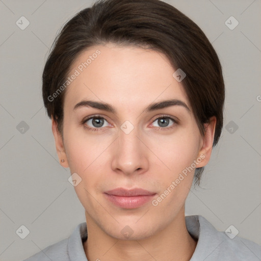 Neutral white young-adult female with medium  brown hair and brown eyes