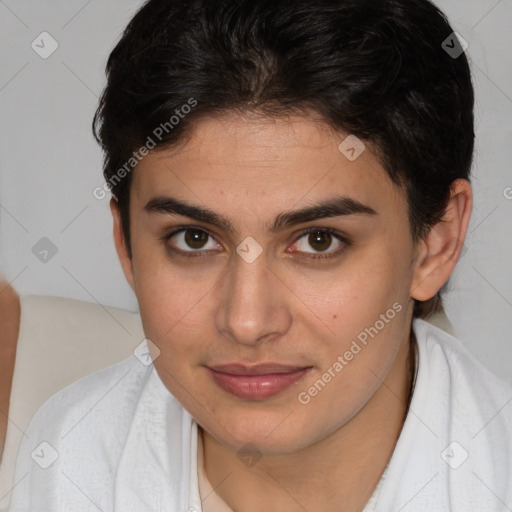 Joyful white young-adult female with short  brown hair and brown eyes