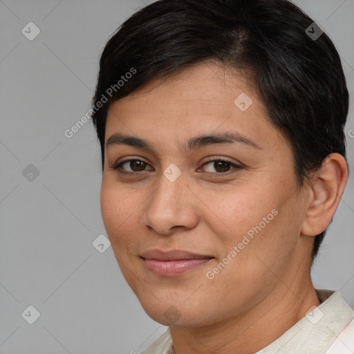 Joyful white young-adult female with short  brown hair and brown eyes