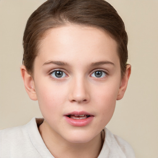 Neutral white child female with short  brown hair and grey eyes