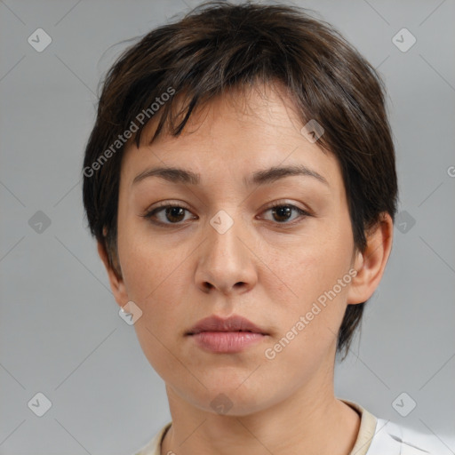 Neutral white young-adult female with short  brown hair and brown eyes