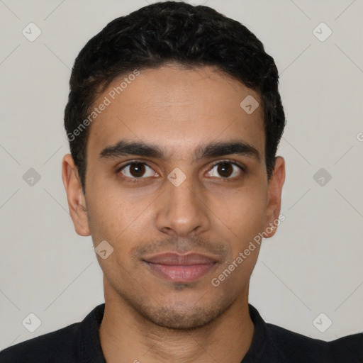 Neutral latino young-adult male with short  black hair and brown eyes