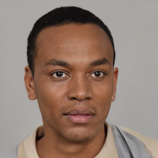 Neutral black young-adult male with short  black hair and brown eyes