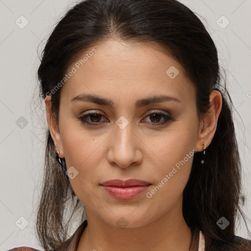 Joyful white young-adult female with long  brown hair and brown eyes