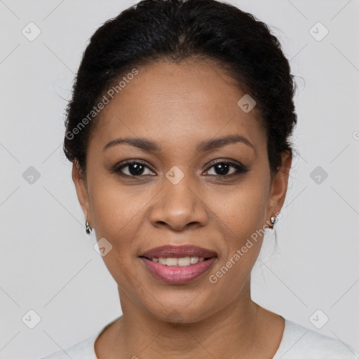 Joyful latino young-adult female with short  black hair and brown eyes