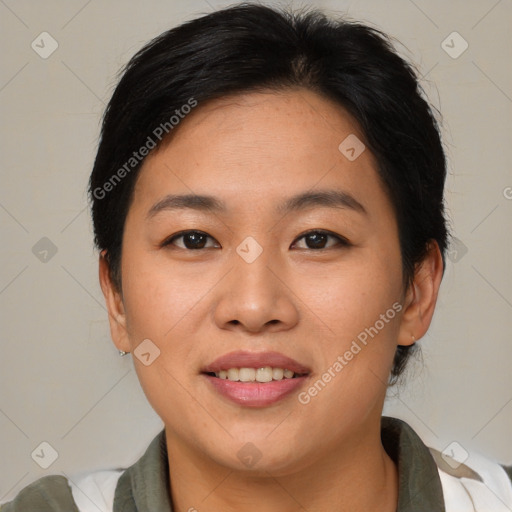 Joyful asian young-adult female with medium  brown hair and brown eyes