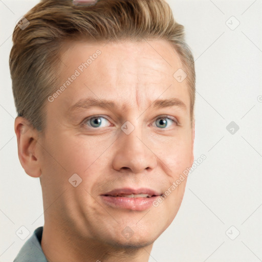 Joyful white adult male with short  brown hair and grey eyes