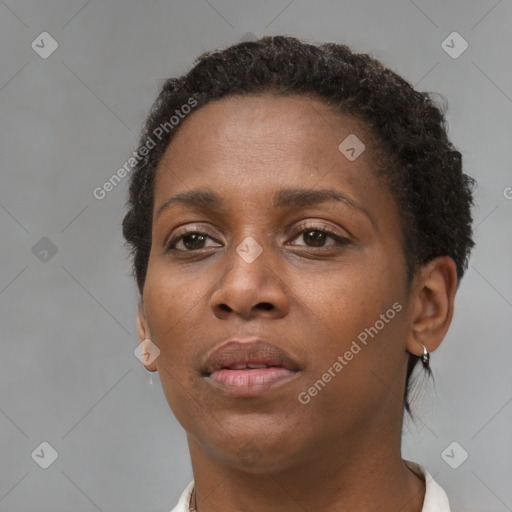 Neutral black young-adult female with short  brown hair and brown eyes