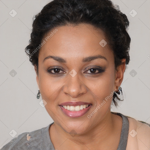 Joyful latino young-adult female with short  black hair and brown eyes