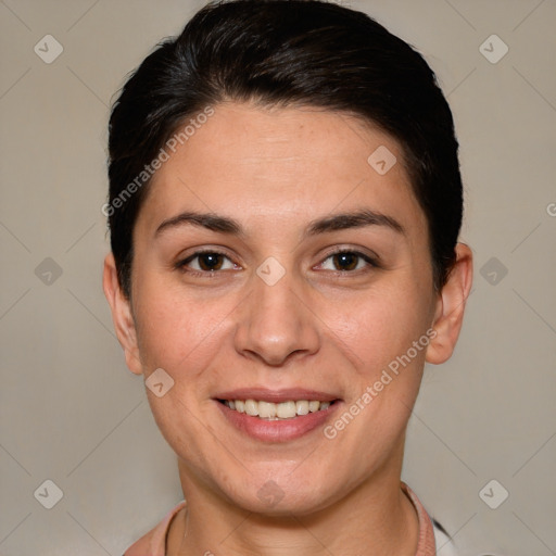 Joyful white young-adult female with short  brown hair and brown eyes