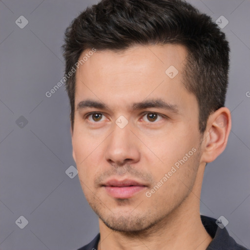 Neutral white young-adult male with short  brown hair and brown eyes