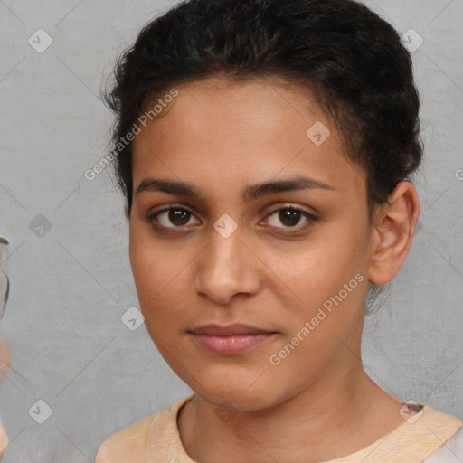 Neutral white young-adult female with short  brown hair and brown eyes