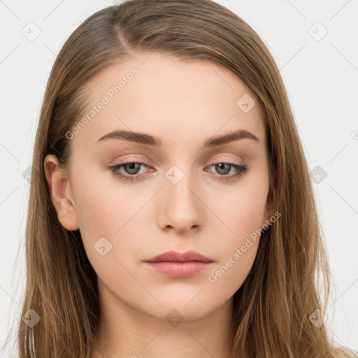 Neutral white young-adult female with long  brown hair and brown eyes