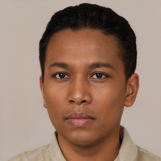 Neutral black young-adult male with short  black hair and brown eyes