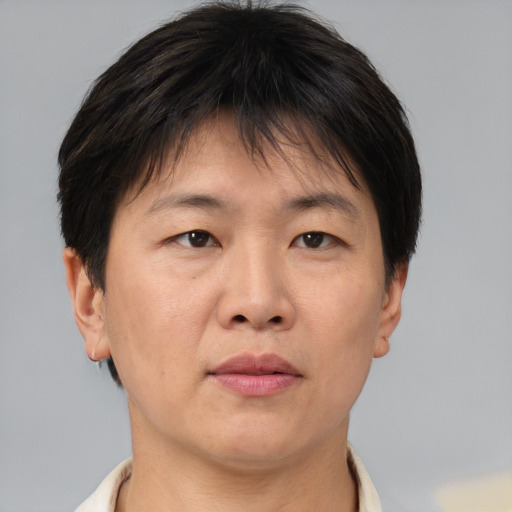 Neutral asian adult female with short  brown hair and brown eyes
