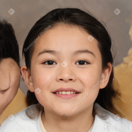 Joyful white child female with medium  brown hair and brown eyes