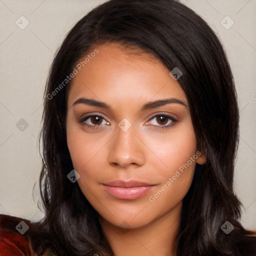 Neutral latino young-adult female with long  brown hair and brown eyes