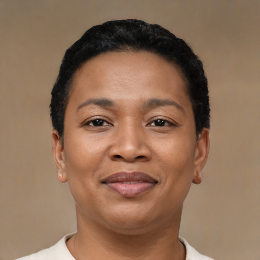 Joyful latino young-adult female with short  black hair and brown eyes