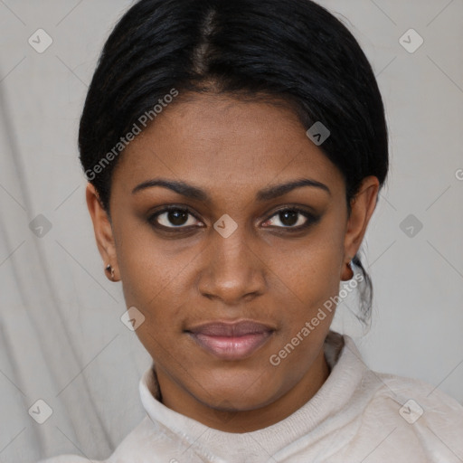 Joyful asian young-adult female with short  black hair and brown eyes