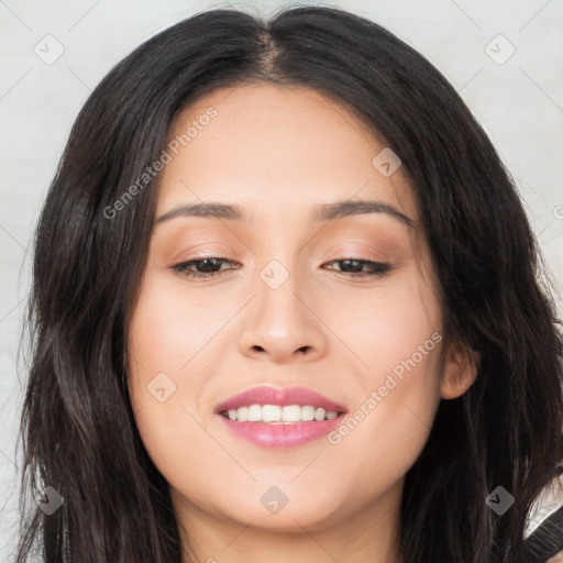 Joyful asian young-adult female with long  brown hair and brown eyes