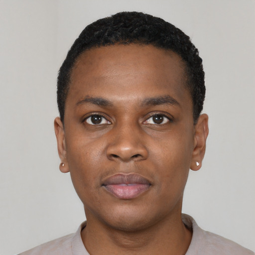 Neutral black young-adult male with short  black hair and brown eyes