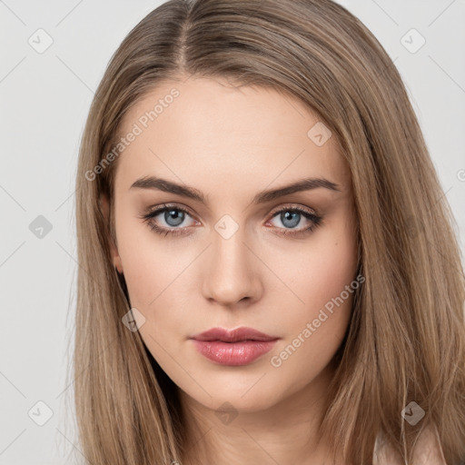 Neutral white young-adult female with long  brown hair and brown eyes