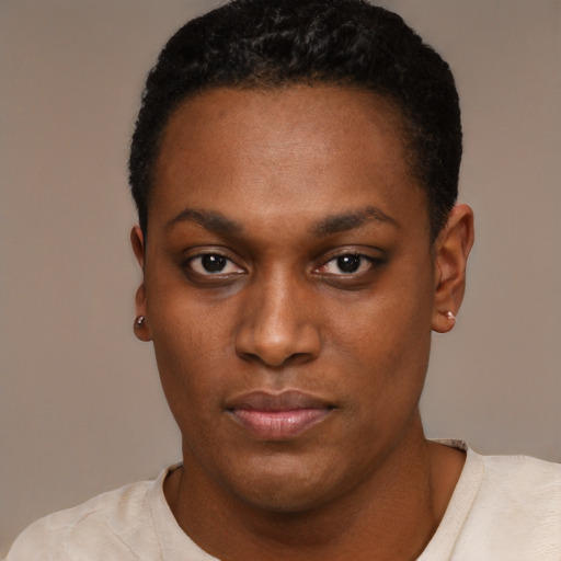 Neutral black young-adult female with short  black hair and brown eyes