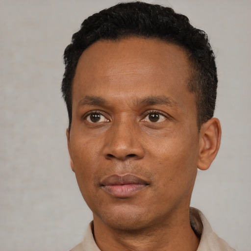 Neutral black adult male with short  black hair and brown eyes