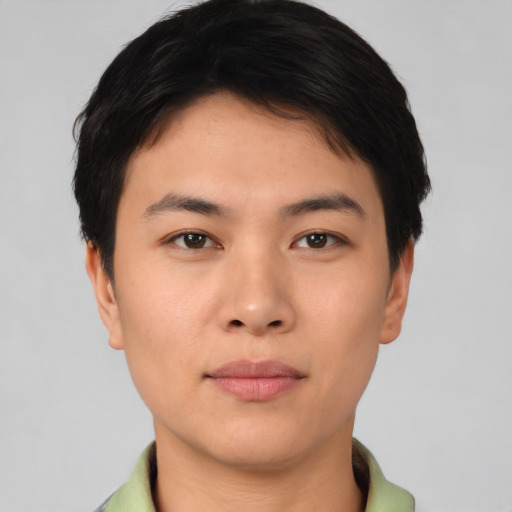 Neutral asian young-adult female with short  brown hair and brown eyes