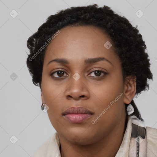 Neutral black young-adult female with short  black hair and brown eyes