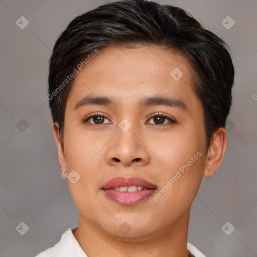 Joyful asian young-adult male with short  brown hair and brown eyes