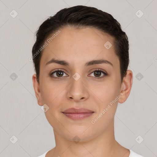 Joyful white young-adult female with short  brown hair and brown eyes