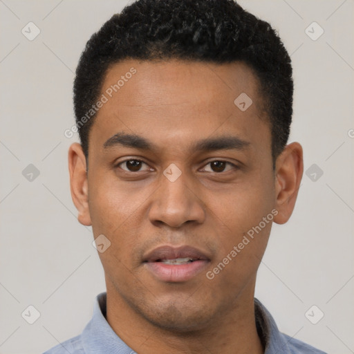 Neutral latino young-adult male with short  black hair and brown eyes