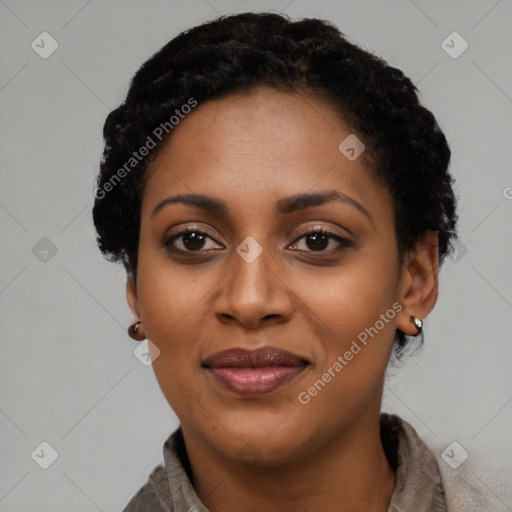 Joyful latino young-adult female with short  black hair and brown eyes