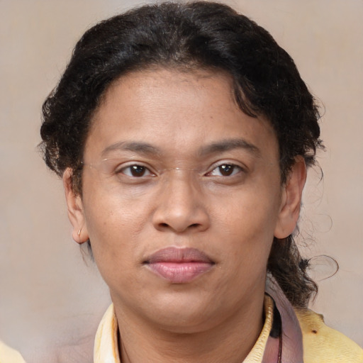 Joyful latino adult female with medium  brown hair and brown eyes