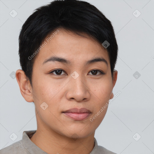 Joyful asian young-adult female with short  brown hair and brown eyes