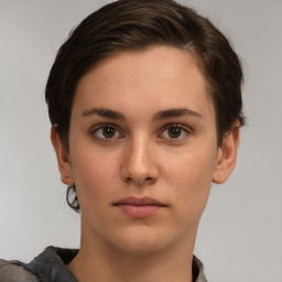 Neutral white young-adult female with short  brown hair and brown eyes