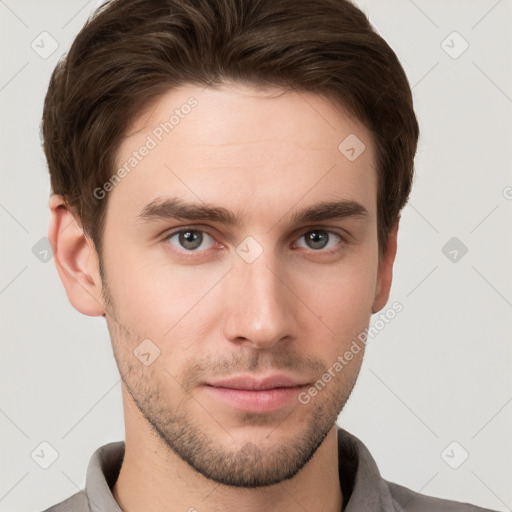 Neutral white young-adult male with short  brown hair and grey eyes