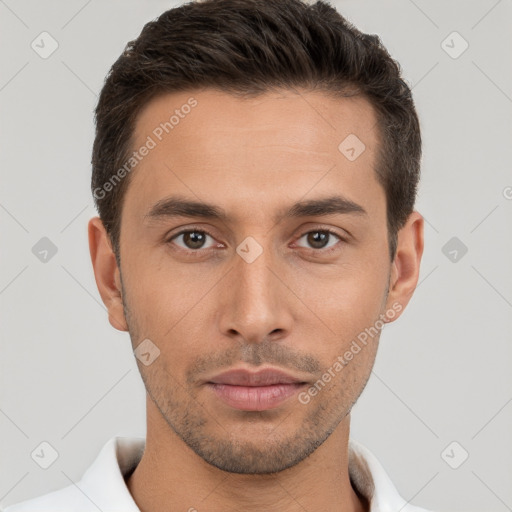 Neutral white young-adult male with short  brown hair and brown eyes