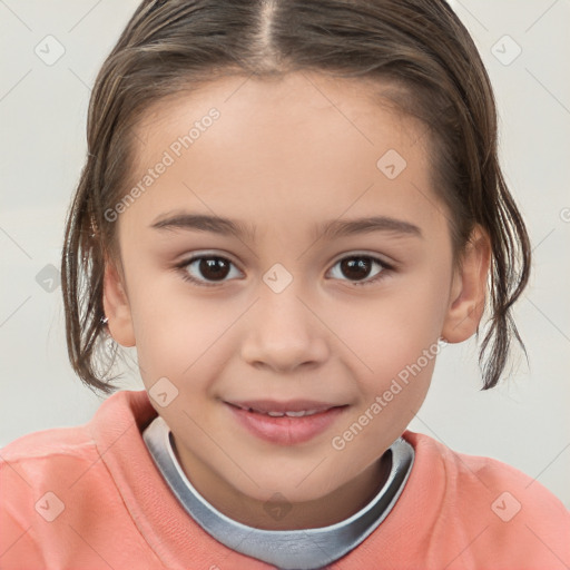 Joyful white child female with medium  brown hair and brown eyes