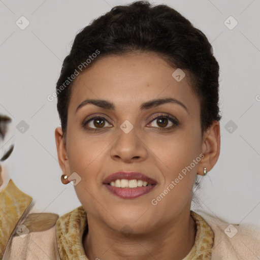 Joyful latino young-adult female with short  brown hair and brown eyes