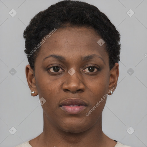 Neutral black young-adult female with short  black hair and brown eyes