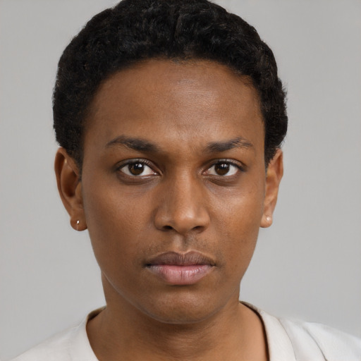 Neutral black young-adult male with short  black hair and brown eyes