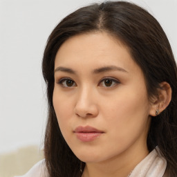 Neutral asian young-adult female with long  brown hair and brown eyes