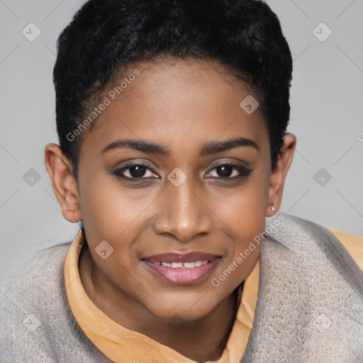 Joyful black young-adult female with short  brown hair and brown eyes